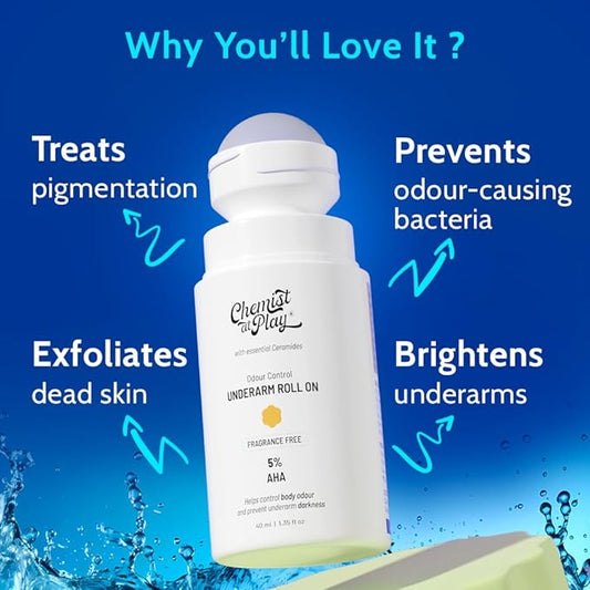 Chemist at Play UnderArm Roll-On with 5% AHA| Lactic & Mandelic Acid|Prevents Odour, Brightens Skin & Exfoliates Underarm | For Sensitive Skin | Fragrance-Free | Alcohol & Aluminium Free | 1.35 fl oz