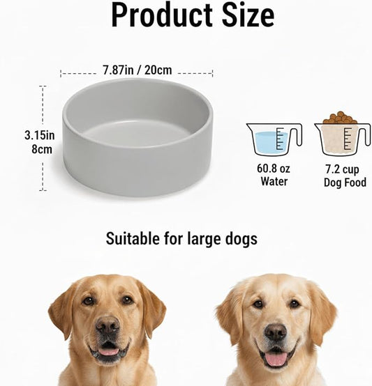 Ceramic Dog and Cat Bowl Modern Cute Weighted Food and Water Bowl Matte Glaze Pet Bowl for Replacement (Gray, 60.8 OZ)
