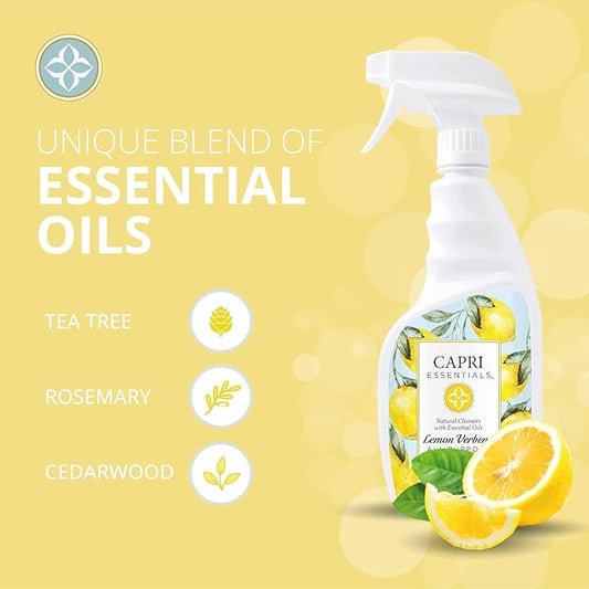 CAPRI ESSENTIALS All Purpose Cleaner, Natural Household Cleaning Supplies, Plant Based Kitchen Counter Surface Spray, Removes Dirt & Grime, Blend of Essential Oils, Lemon Verbena, 23 FL Oz (6 Pack)