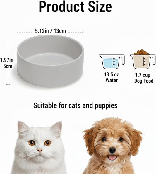 Ceramic Dog and Cat Bowl Modern Cute Weighted Food and Water Bowl Matte Glaze Pet Bowl for Replacement (Gray, 13.5 OZ)