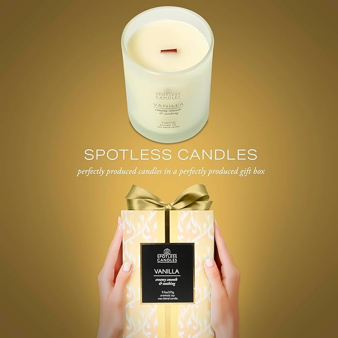 Vanilla Candle - 9.7 oz /275g Vanilla Scented Candle in Cream Frosted Glass Jar with Wooden Lid and Wooden Crackling Wick in a Luxurious Gift Box - Creamy, Smooth and Soothing