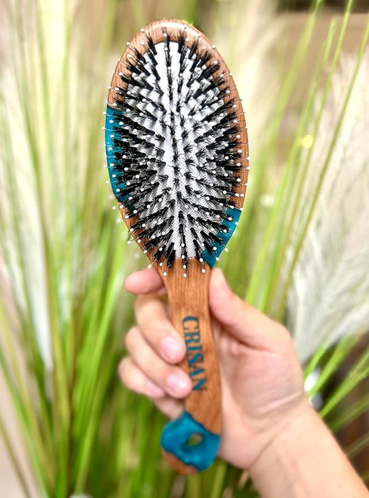 CRISAN Everlasting Hair Brush, Hand Carved Oak Wood and Resin Handle, 3 Interchangeable Bristles - Mixed, Boar, and Nylon (Blue Topaz)