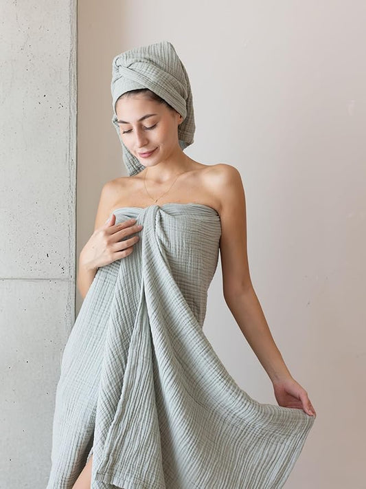 4 Pieces Muslin Towel Set for Bathroom, Luxury 100% Turkish Cotton Thin Soft Quick-Dry Lint-Free Large Size Bath Hand Towel Sets (Sage Green, 2 Bath & 2 Hand Towel Set)