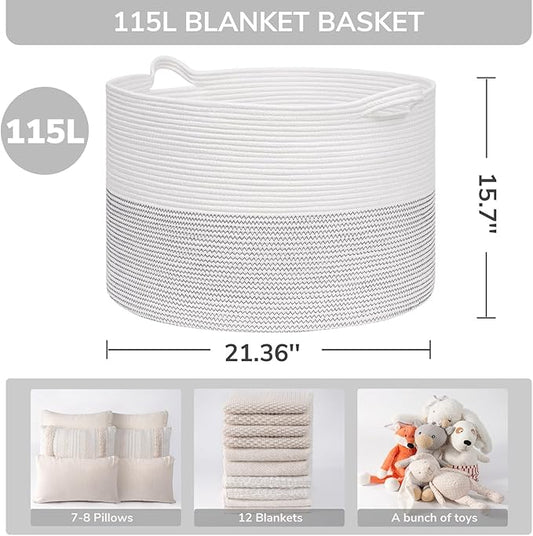 INDRESSME 115L Extra Large Blanket Basket, Cotton Rope Toy Baskets Storage Kids Toy Bin for Playroom Decor Woven Baby Laundry Basket for Organizing, Black Stitch