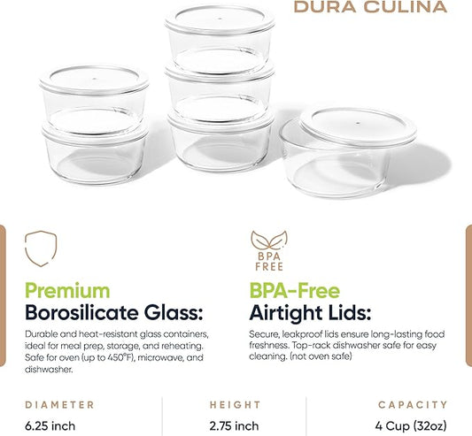 DURA LIVING 12-Piece Glass Food Storage Containers Set (6 Containers + 6 BPA-Free Lids) | 4-Cup, Leakproof | Microwave, Freezer, Oven & Dishwasher Safe | Ideal for Meal Prep & Pantry Organization