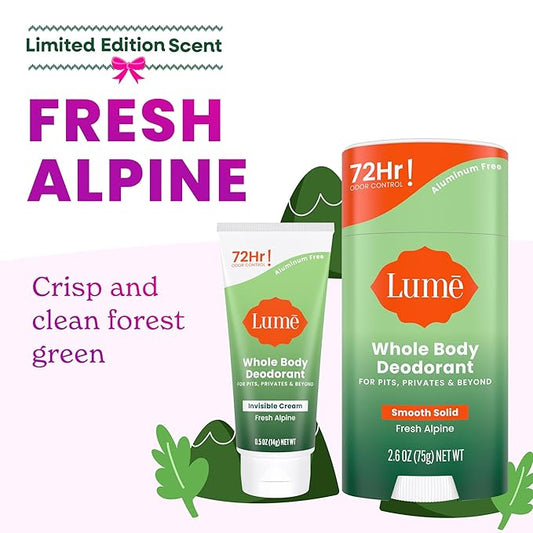 Lume Whole Body Deodorant - Invisible Cream Tube Mini and Solid Stick - 72 Hour Odor Control - Aluminum Free, Baking Soda Free, Skin Safe - 0.5 Oz Mini Tube + 2.6 Oz Solid Stick (Fresh Alpine)