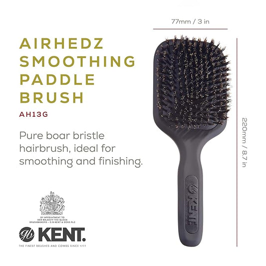 Kent AH13G Airhedz Pro Pure Bristle Paddle Brush (Medium, Grey) Detangler Brush for Curly, Thick, or Wet Hair - for Smoothing and Finishing