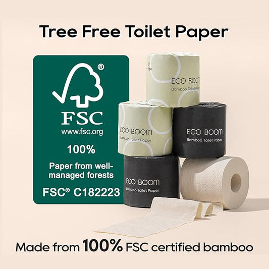 ECO BOOM Toilet Paper 100% Bamboo 3-fly, PFAS Free, BPA Free, Septic Safe, 48 mega Rolls, FSC Certified, 360 Sheets, Plastic & Chemical Free