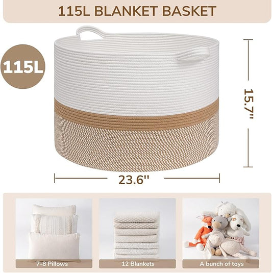INDRESSME 115L Extra Large Cotton Rope Basket, Woven Baby laundry Blanket Basket for Home Decor Living Room Nursery, Toy Storage Baskets for Kids Boys Girls, White & Camel Mix