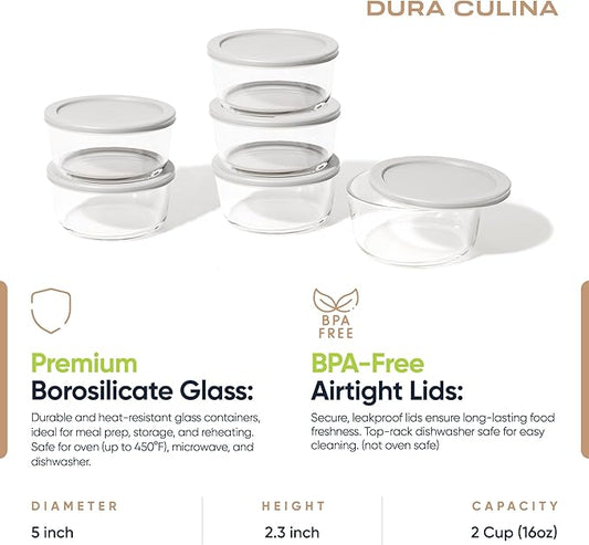 DURA LIVING 12-Piece Glass Food Storage Containers Set (6 Containers + 6 BPA-Free Lids) | 2-Cup, Leakproof | Microwave, Freezer, Oven & Dishwasher Safe | Ideal for Meal Prep & Pantry Organization