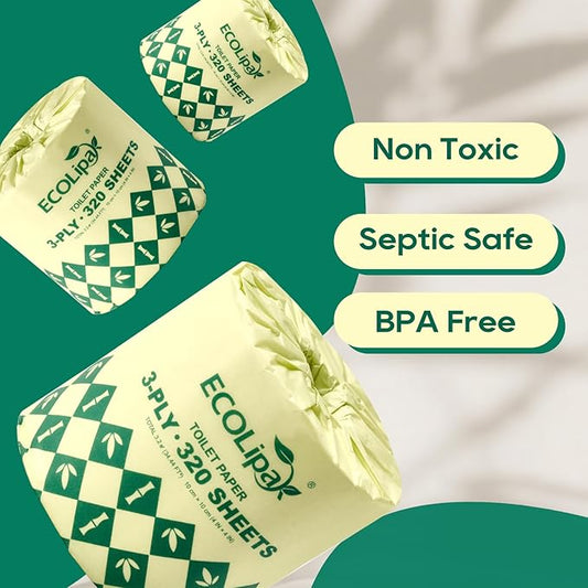 ECOLipak Bamboo Toilet Paper 3 Ply, Septic Safe Toilet Tissue, 12 Double Rolls, 320 Sheets Per Roll, Tree Free, Non Toxic, Soft and Absorbent, Eco Friendly Dye-Free Paper, White