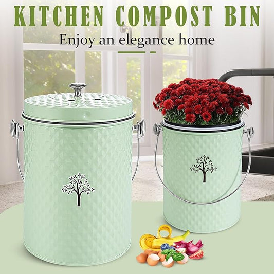 AOSION Countertop Compost Bin Kitchen,Odorless Indoor Compost Bin with Lid and Compost Bags,Compost Bucket Composter Container for Food Waste,Green