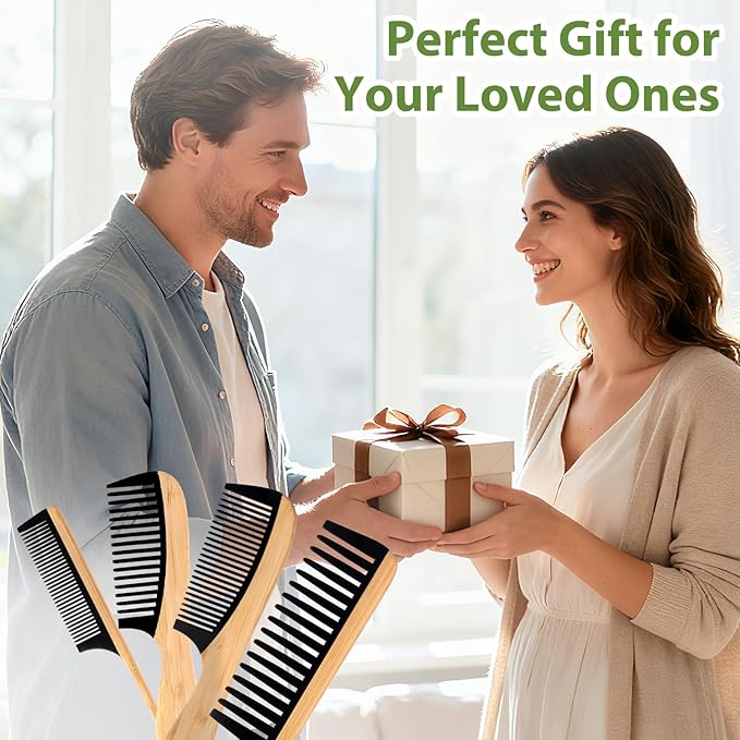 4 Pcs Natural Handmade Bamboo Hair Combs Set - Wide Tooth, Fine Tooth & Rat Tail Wooden Combs for Women Men, Anti-Static for All Hairstyles & Beard