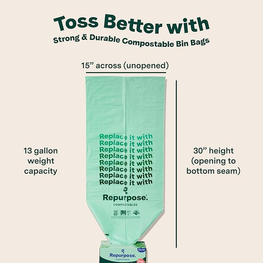 Repurpose 13 Gallon Compostable Kitchen Trash Bags, 75 Bags, BPI Certified, Leak-Proof, FDA Approved, Recyclable Packaging