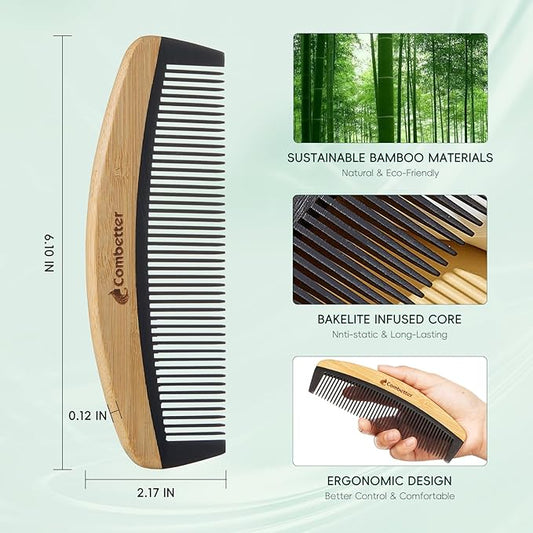Bamboo Comb for Detangling, Anti Static Fine Tooth Comb for Thick, Thin, Fine, Short, Long Hair, Durable Bakelite Infused Hair Comb for Women,Men