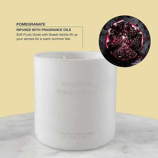 WHOLESOME. Pomegranate Scented Non Toxic Candles - 100% Natural Coconut Wax Candle, 90 Hours Burn, 2 Wicks, Aromatherapy & Stress Relief Candles, Vegan Candle, 16 oz Concrete Jar