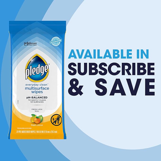 Pledge Multisurface Cleaning Wipes, pH Balanced, Fresh Citrus, 25 Count