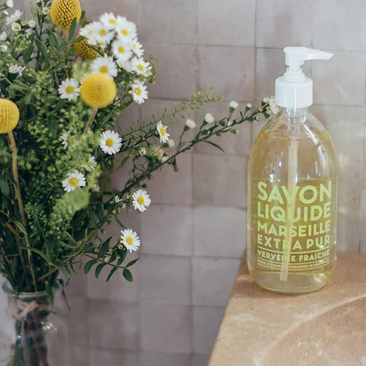 Compagnie de Provence Savon de Marseille Extra Pure Liquid Soap - Fresh Verbena - 16.7 Fl Oz Glass Pump Bottle and 33.8 fl oz Plastic Bottle Refill