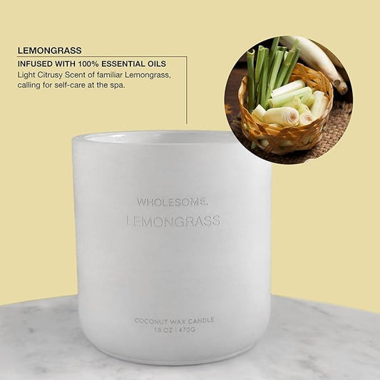 WHOLESOME. Lemongrass Scented Non Toxic Candle - 100% Natural Coconut Wax Candle, 90 Hours Burn, 2 Wicks, Aromatherapy & Stress Relief Candles, Vegan Candles, 16 oz Concrete Jar
