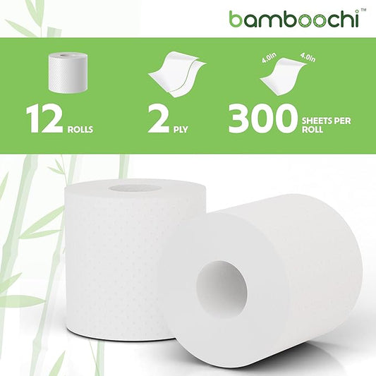 Bamboo Toilet Paper, Septic Safe Toilet Paper 2 Ply 12 Rolls 300 Sheets Per Roll, Soft Unscented Bath Tissue, RV Safe, Eco-Friendly, Non Chlorine, PFAS Free, Made in Canada