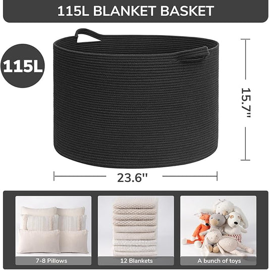 INDRESSME 115L Extra Large Black Blanket Basket, Dog Toy Bin Shoe Baskets Toy Box Organizer for Kids Decorative Laundry Basket for Home & Living Room, Black