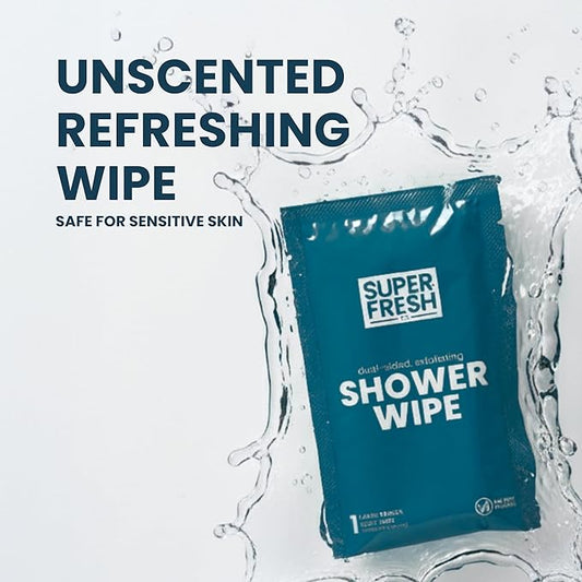Super Fresh Shower Wipes Large Unscented Body Wipes for No Rinse Bathing Personal Hygiene Gym Travel or Camping Enriched with Aloe and Vitamin E 50 Individually Wrapped Disposable Sheets