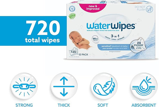 WaterWipes Sensitive+ Newborn & Baby Wipes, 3-In-1 Cleans, Cares, Protects, 99.9% Water, Unscented & Hypoallergenic, 720 Count (12 Packs)