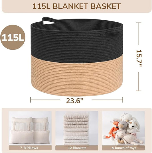 INDRESSME 115L Extra Large Cotton Rope Blanket Basket for Nursery, Boho Decor Baby Laundry Baskets for Kids Toy Organizer Storage Bin for Dirty Clothes Pillows Towel, Black & Camel