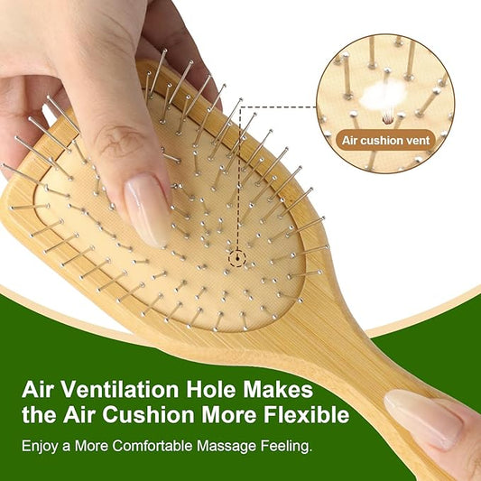 LIYI Bamboo Hair Brush for Hair Growth, Bamboo Brush with Metal Bristles, Natural Wooden Hairbrush for Massaging Scalp, All Hair Types, Women, Men, and Kids,with Ergonomic Handle