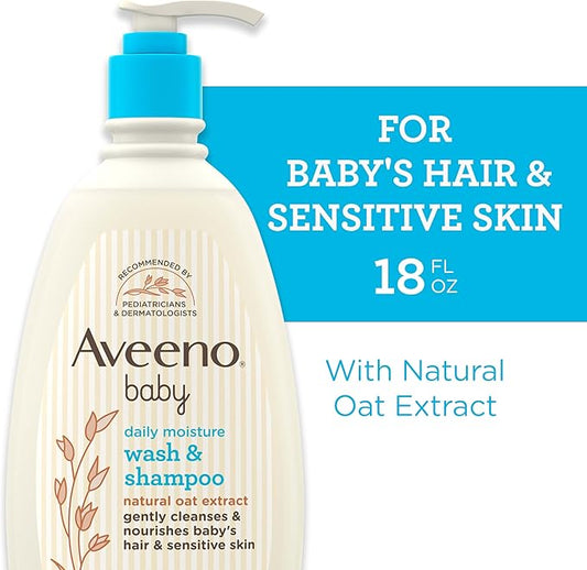 Aveeno Baby Daily Moisture Gentle Body Wash & Shampoo with Oat Extract, 2-in-1 Baby Bath Wash & Hair Shampoo, Tear- & Paraben-Free for Hair & Sensitive Skin, Lightly Scented, 18 fl. oz