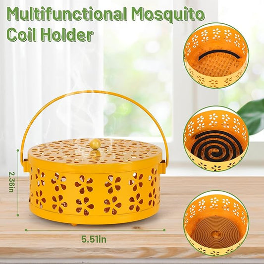 Portable Iron Mosquito Coil Holder with Handle Round Heat-Resistant Incense Holder (Yellow)