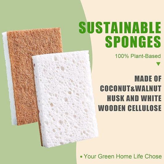Biodegradable Natural Kitchen Sponge,Eco Friendly Sponges for Dishes,Compostable Cellulose Sponge with Natural Plant Based Coconut Walnut Sustainable Scrubber Pack of 12
