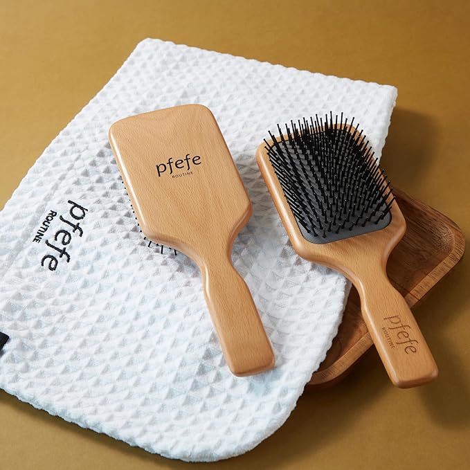 Wooden Paddle Hair Brush - Square Detangling Reducing Breakage Hairbrush for Men & Women, Beechwood Air Cushion Brush with Travel Bag for Thick, Curly, Wet, Dry Hair