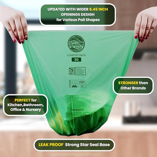 Compost Bags 3 Gallon,100 Count,Compost Food Scrap Waste Bags Fits Countertop Bin,Small Kitchen Food Scrap Waste Bags,Compost bin bags,Certified by BPI,ASTM D6400 and OK compost HOME certified