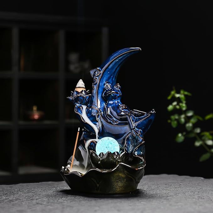 ChangWanna Moon Incense Holder Burner - Frog Ceramic Cone Backflow Incense Burner Smoke Fountain, Back Flowing Incense Diffuser with 45 Sticks & 10 Cones, Frog Ornament for Aromatherapy/Yoga Decor
