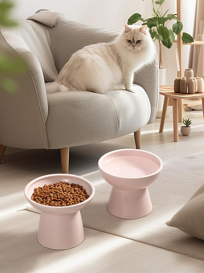 LoeJan Elevated Cat Food and Water Bowls Set, Extra Wide and Raised Ceramic Feeder, Anti-Vomit Whisker-Free Pressure Feeding Bowl for Kittens Adult Cats Small Dogs(Pink, Food Bowl)