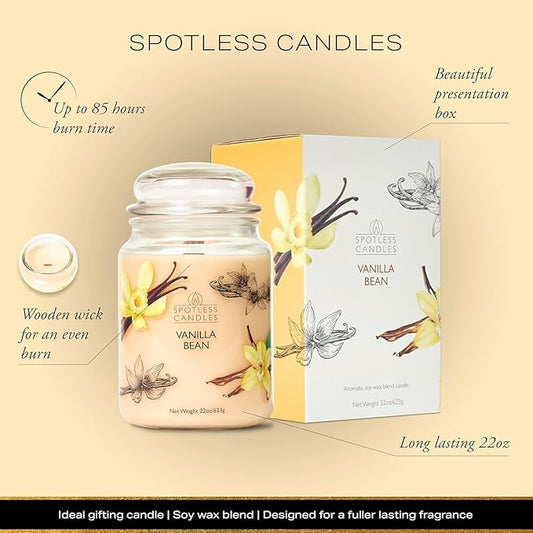 Vanilla Candle 22oz 16" x 9" Reusable Jar Candle 130 Hours Long Burn Time with Wooden Wick in Presentation Gift Box & Protective Shipper Spotless Leopard