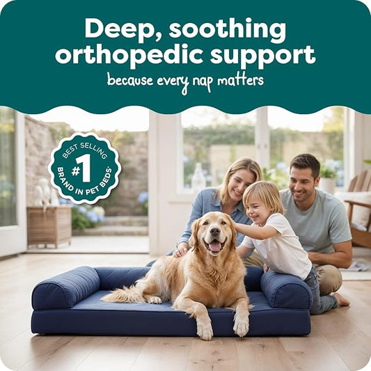 Furhaven Orthopedic Dog Bed for Large Dogs w/ Removable Bolsters & Washable Cover, For Dogs Up to 95 lbs - Quilted Sofa - Navy (Blue), Jumbo/XL
