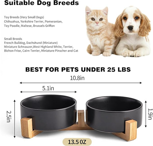 Black Ceramic Dog & Cat Bowl Set – 13.5 OZ with Wooden Stand, Non-Slip, Elevated Design for Small Dogs & Cats – 2 Bowls (Food & Water, Ceramic Pet Bowls, Modern Dog Bowls)