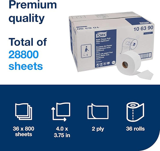 Tork OptiCore Mid-size Toilet Paper Roll White T11, Premium, 2-ply, 36 x 800 sheets, 106390