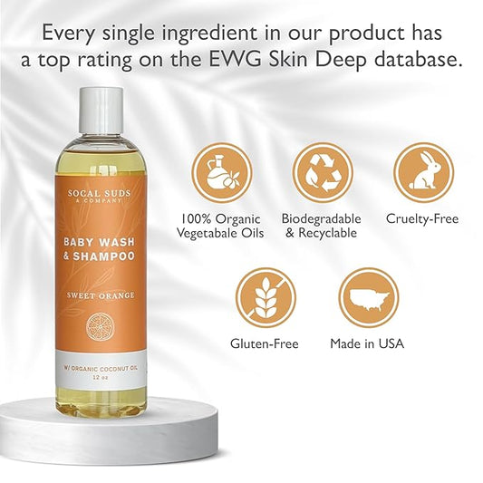 SoCal Suds & Company Organic Baby Shampoo and Body Wash - 2-in-1 Castile Soap, Hypoallergenic, Sensitive Skin, Natural Soap, Toddler Shampoo, Infant, Newborn, Kids Body Wash - 12oz Sweet Orange