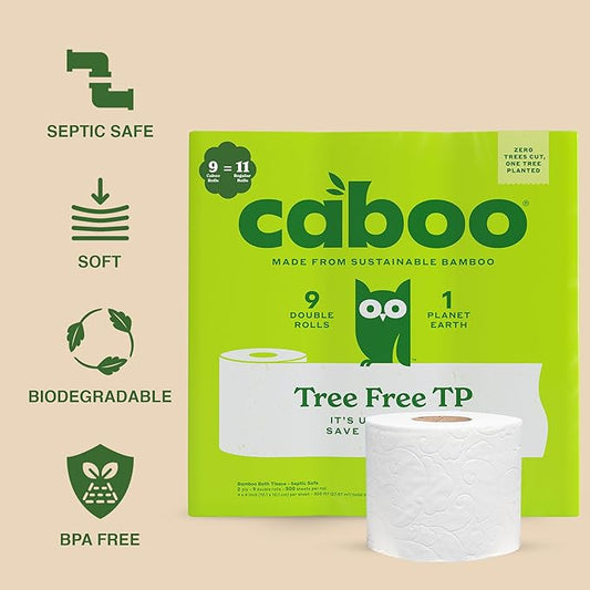 Caboo Tree Free Toilet Paper, Septic Safe Bath Tissue, Quick Dissolving 2 Ply Sheets - 300 Sheets Per Roll, 9 Double Rolls
