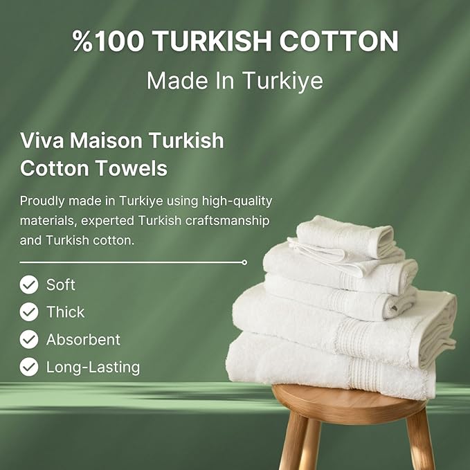 100% Turkish Cotton Towel Set of 6 - Soft, Plush & Super Absorbent - Premium Set with 2 Bath Towels, 2 Hand Towels, and 2 Washcloths - Made in Turkey (White, 6-Piece Towel Set)