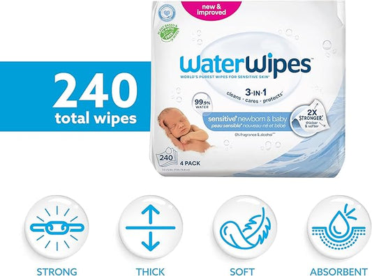 WaterWipes Sensitive+ Newborn & Baby Wipes, 3-In-1 Cleans, Cares, Protects, 99.9% Water, Unscented & Hypoallergenic, 240 Count (4 Packs)
