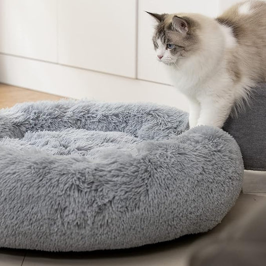 Anti Anxiety Round Fluffy Plush Faux Fur Warm Washable Dog Bed & Cat Bed, Original Bed for Small Medium Large Pets,Used to Relieve Joints and Improve Sleep(20"/24"/27'') (24", Light Grey)
