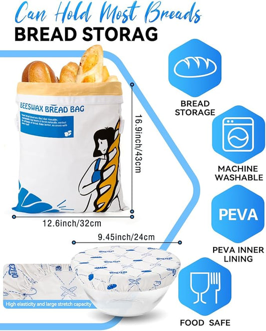 Beeswax Bread Bag & Bowl Cover Set - Reusable Cotton Bread Bag for Homemade Sourdough and Beeswax Bowl Cover for 10-Inch Bowls