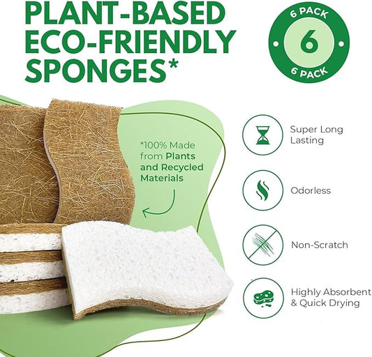 Biodegradable Natural Kitchen Sponge - Compostable Cellulose and Coconut Walnut Scrubber Sponge (6 Pack)