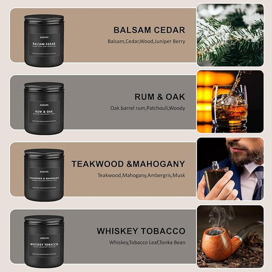 Winter Candle Gift Set for Men – 4 Pack Soy Candles with Balsam Cedar, Teak & Mahogany, Whiskey Tobacco, Rum & Oak – Masculine Scented Candles for Home, Christmas Gift Set for Dad Fathers Day