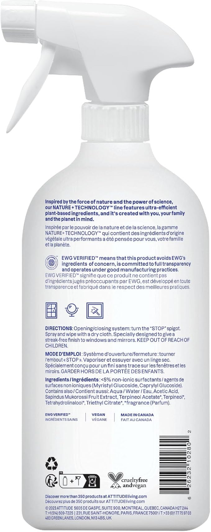 ATTITUDE Window & Mirror Cleaner, EWG Verified, Plant- & Mineral-Based, Vegan & Streak-Free Glass Spray, Citrus Zest Scent, 27.1 Fl Oz (Pack of 6)