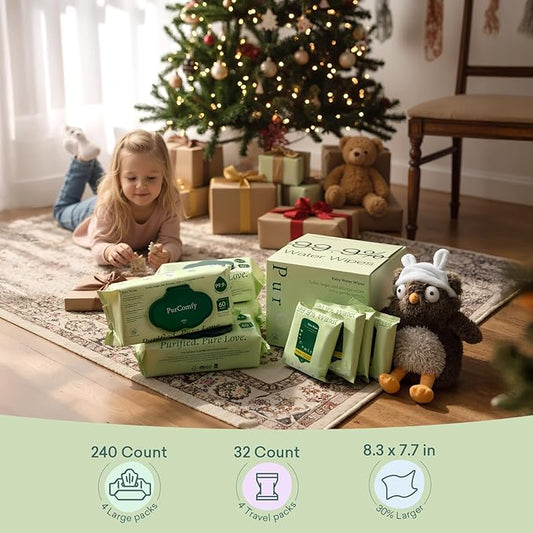 PurComfy Baby Wipes Unscented, 4 Flip-Top Packs + 4 Travel Pack 99.9% Water Wipes with Plant Based, Hypoallergenic for Sensitive Newborn Skin, Total 272 Count Wet Wipes